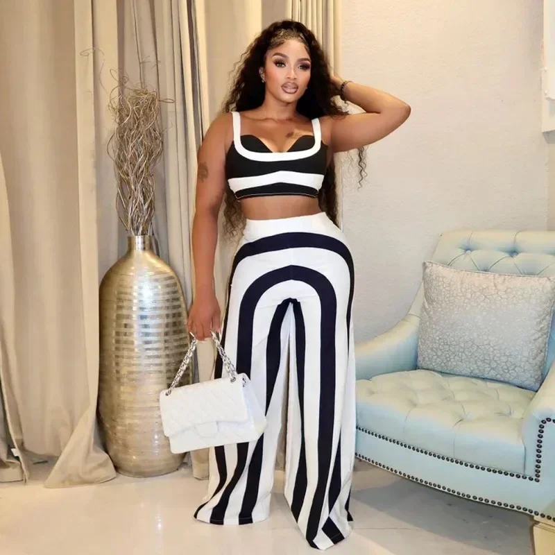 

Striped Print Birthday Outfits Women 2 Piece Set Outfit Club Party Crop Top and Wide Leg Pants Conjuntos Femininos Elegantes