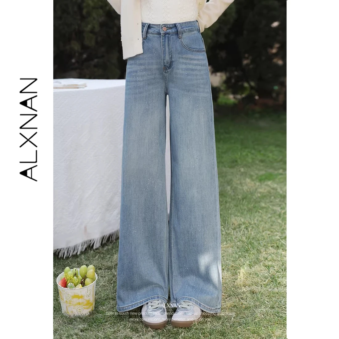 

ALXNAN Vintage Flared Jeans with Rhinestones Women High Waist Blue Baggy Wide Leg Denim Pants 2026 Spring Casual Jeans L61980