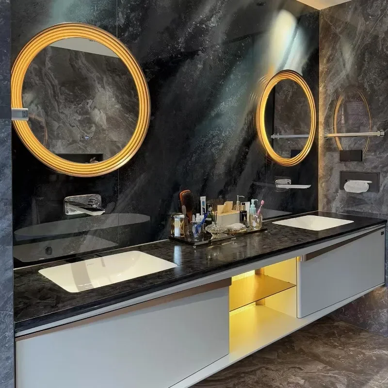 Luxury Aluminum Alloy Round Wall Mounted Washstand with Touch Control Anti Fog Mirror and Integrated Lamp Designer Bathroom