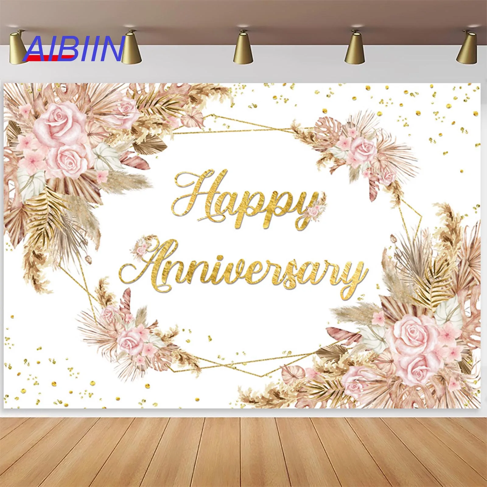 

AIBIIN Boho Happy Anniversary Backdrop Bohemia Pampas Grass Engagement Photography Background Couple Love Party Decorations