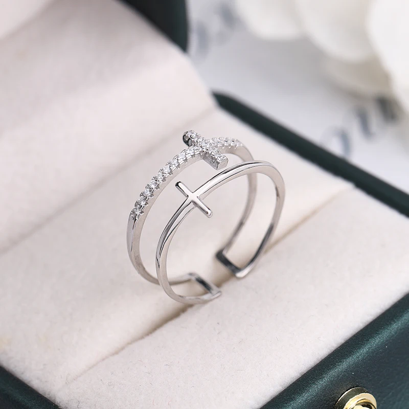 2024 NEW Classic Double Free-Form Cross Full Diamond Couple Ring For Women 100%  Sterling Silver Valentine's Day Gift Jewelry