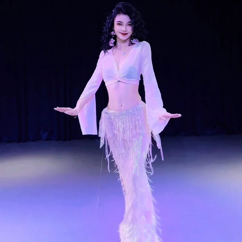 New Belly Dance Performance Costume V-neck Mesh Long sleeved Top+Sexy Tassel Long Skirt Set Oriental Dance Practice Clothes