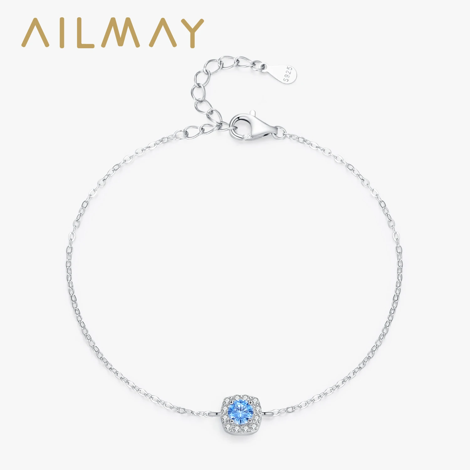 

Ailmay 100% стерлингового серебра 925 пробы, элегантный морской синий циркон, геометрический браслет-цепочка для женщин, ювелирные изделия, модный свадебный подарок