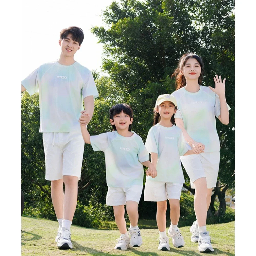 Family Matching Outfit Gradient UPF50+ Sun Protection T-Shirt Shorts Set Quick Dry Cool Breathable Outdoor Wear for Mom Dad Kids