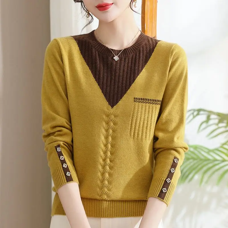 Autumn and Winter Women\'s Patchwork Color Contrast Half High Neck Long Sleeved Fake Two Pieces Knitted Sweaters Jumpers Tops