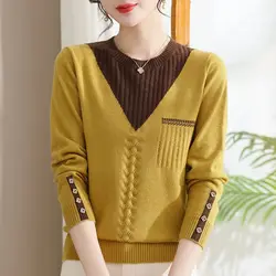 Autumn and Winter Women's Patchwork Color Contrast Half High Neck Long Sleeved Fake Two Pieces Knitted Sweaters Jumpers Tops