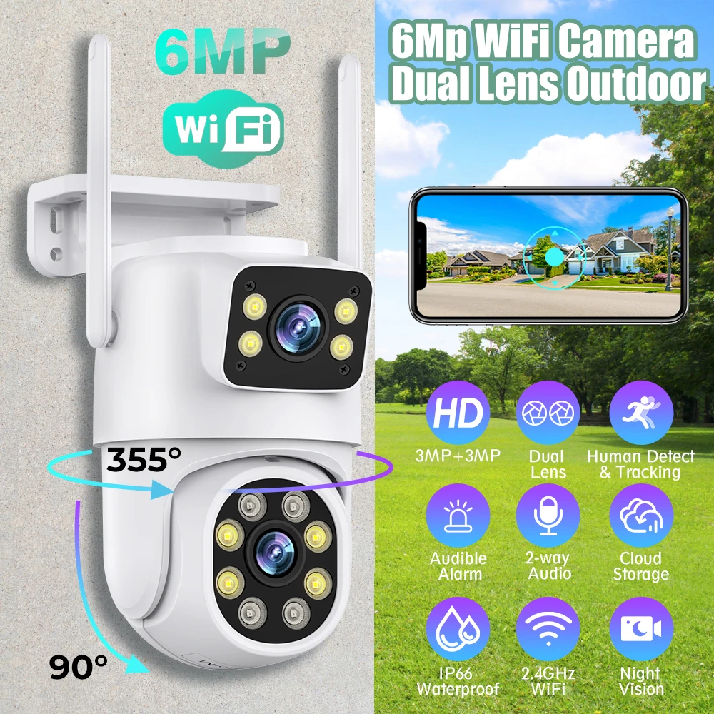 Dual Lens WiFi Surveillance Camera 4X 6MP Digital Zoom AI Human Detect Outdoor Security IP Cameras Dual Audio Noise Cancellation