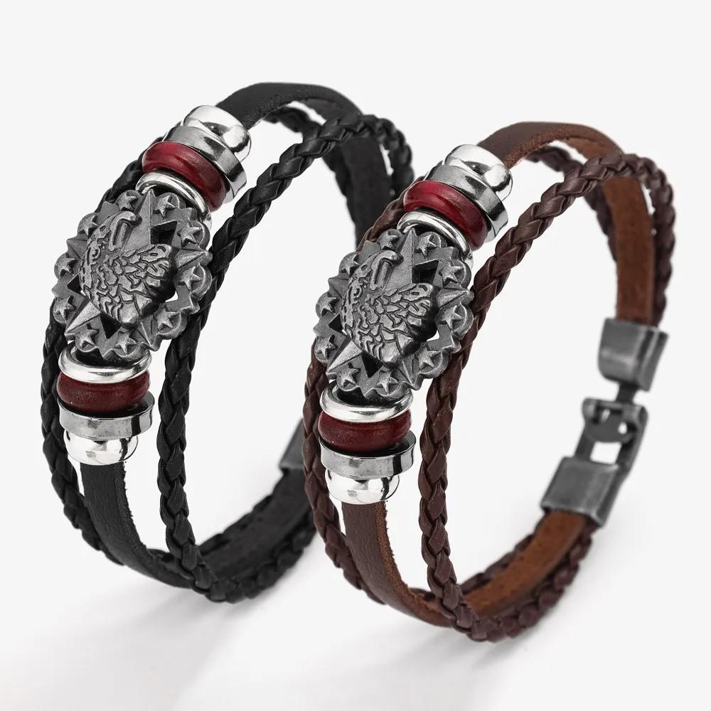 Trend Multi-Layer Leather Beaded Five Star Eagle Bracelet Glamour Men's Bracelet New Fashion Hip Hop Punk Jewelry Accessories