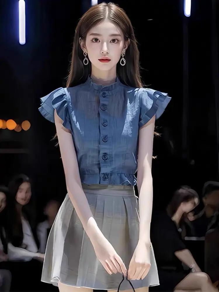 

New High Quality Fashion Summer 2 Piece Set Women O-neck Ruffles Sleeveless Slim Top + Pleated A-line Mini Skirt Preppy Outfit