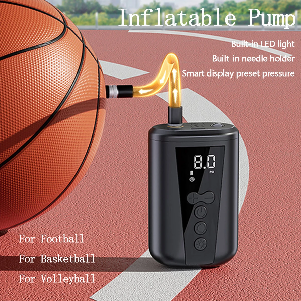Bomba inflable eléctrica inalámbrica, pantalla LCD de 2000mAh, batería tipo C, carga LED integrada para fútbol, baloncesto, voleibol
