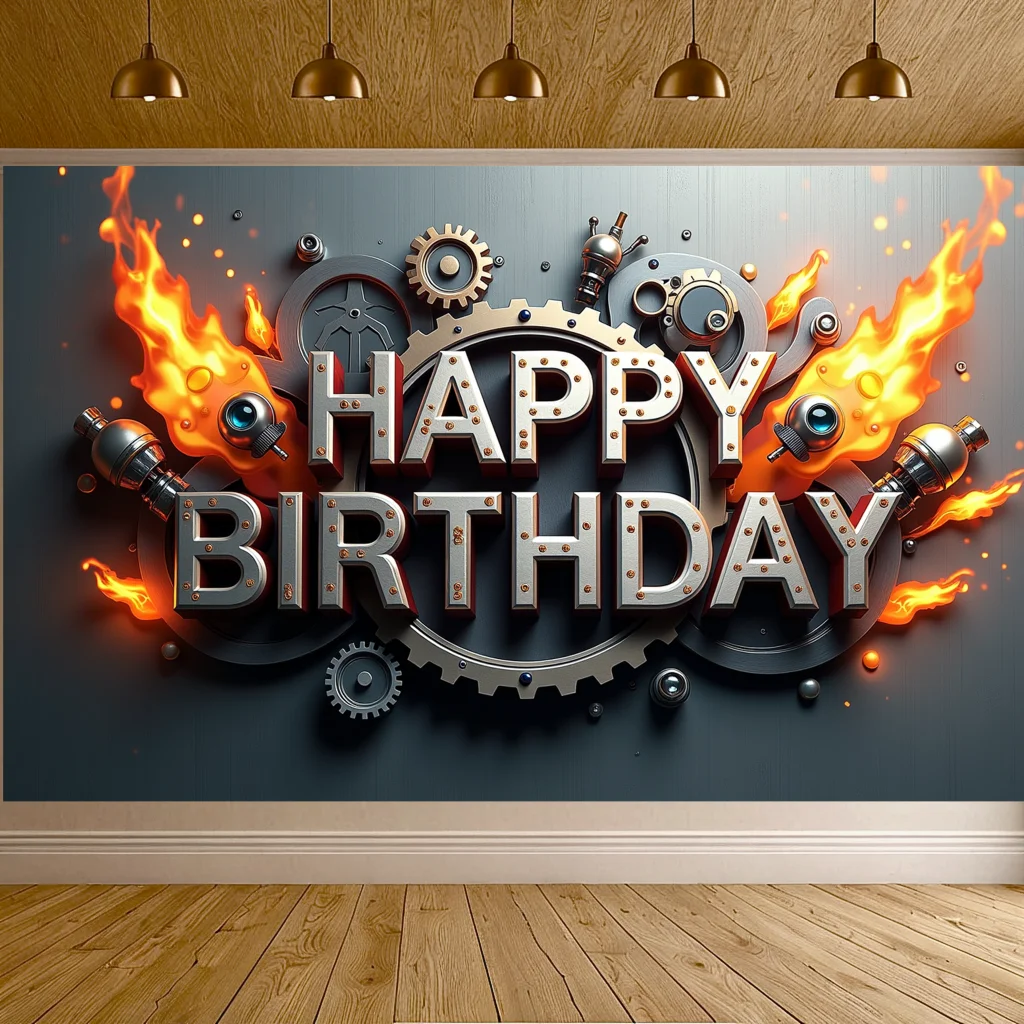 Happy Birthday Banner Steampunk Fire Design Backdrop Concealed Gears Flames Celebration Display Party Decoration Wall Hanging