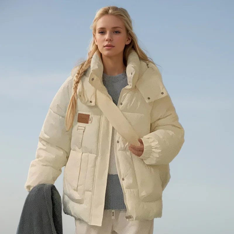 KIDCRKJ Winter Lady's Coat Solid Color Single Breasted Big Pockets Quilted Jacket For Women Minimalist Hooded Female's Coat