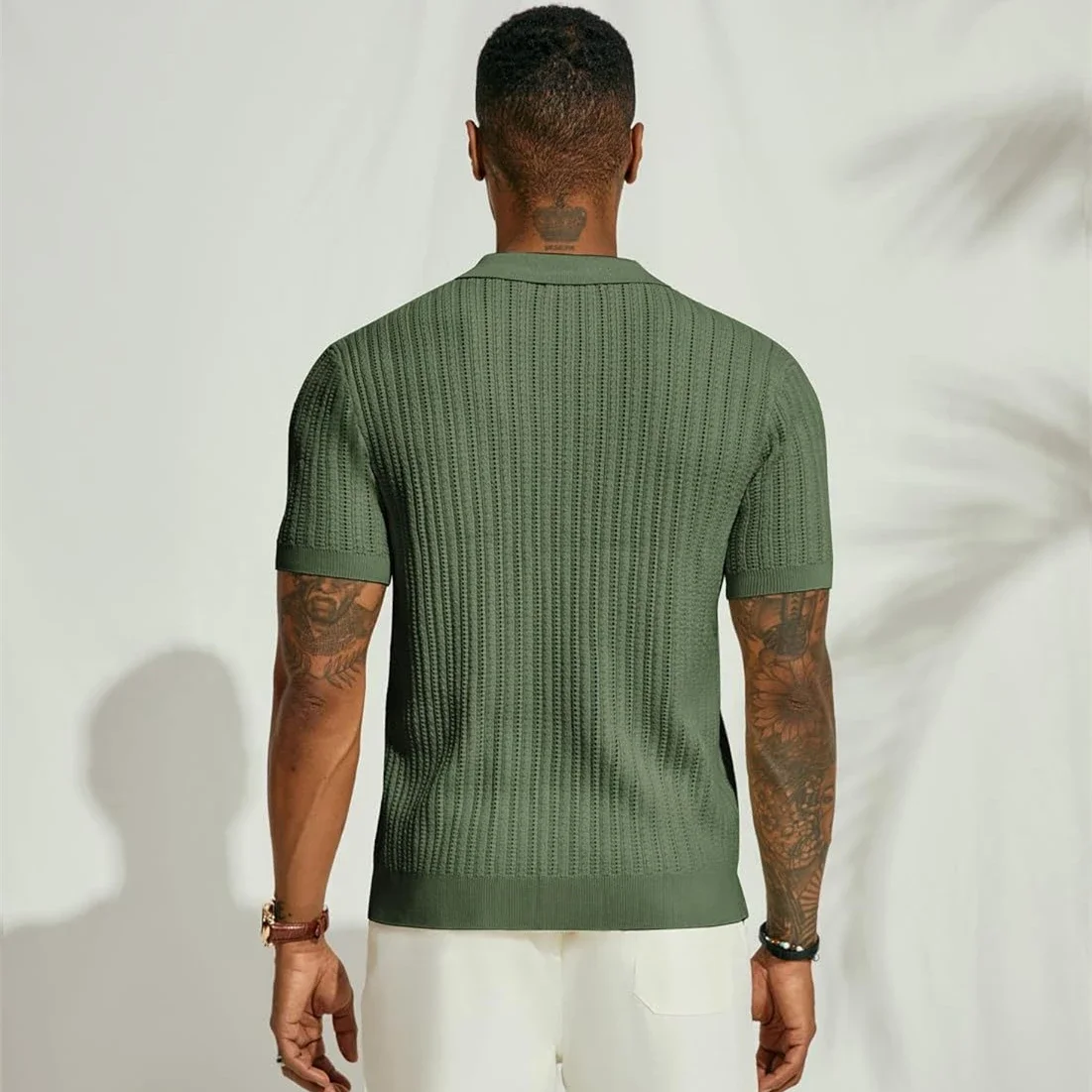 Mens Army Green Hollow Out Cardigan Shirt 2024 Summer Short Sleeve Knitted Shirt Men Casual Button Down Breathable Chemise Homme