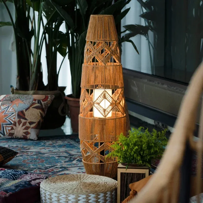 Japanese Wabi Sabi Retro E27 Hemp Rope Rattan Weaving Floor Lamp Homestay Living Room Bedroom  Home Decor Handmade Pendant Light