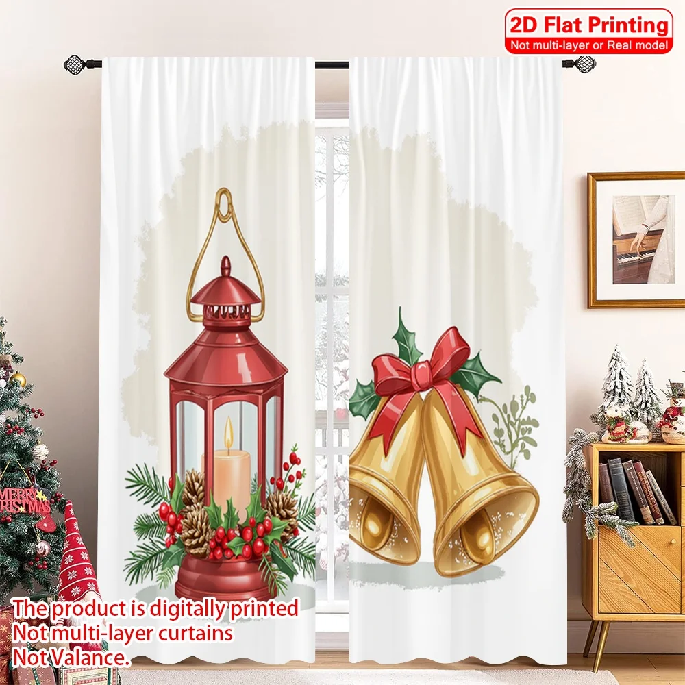 

2pcs 2D flat printing Christmas Window Curtains Christmas Bell Pine Lantern Fabric Without Electricity Birthday Party Perfect