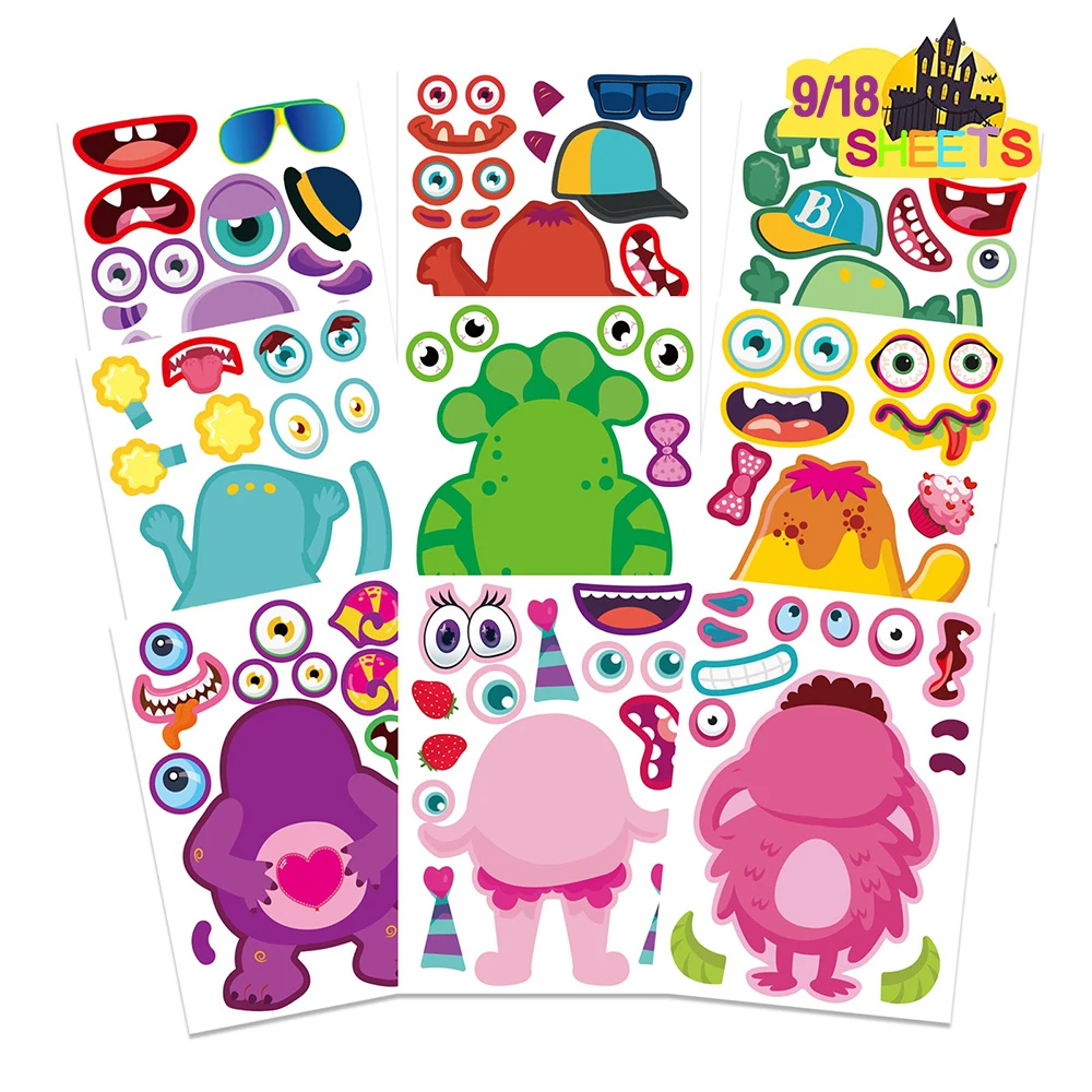 9/18Sheets Children DIY Monster Puzzle Stickers Game Make a Face Funny Assemble Jigsaw Kids Educational Toys Theme Party Gifts