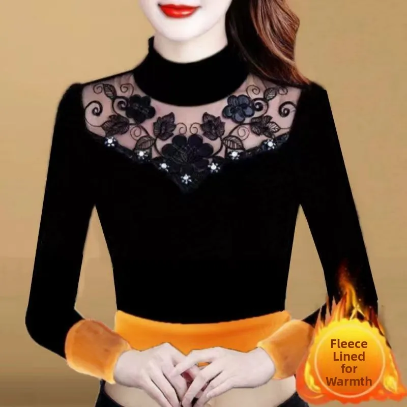 Thickened Fleece Long Sleeve Base Shirt Women's Autumn Winter Yellow Fluffy Lace Mesh Half High Collar plus Size Warm Top