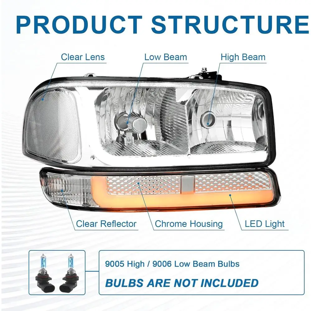 Fari LED con alloggiamento cromato con riflettore trasparente per GMC Sierra 1999-2007 e Yukon XL 1500 2500 2000-2006