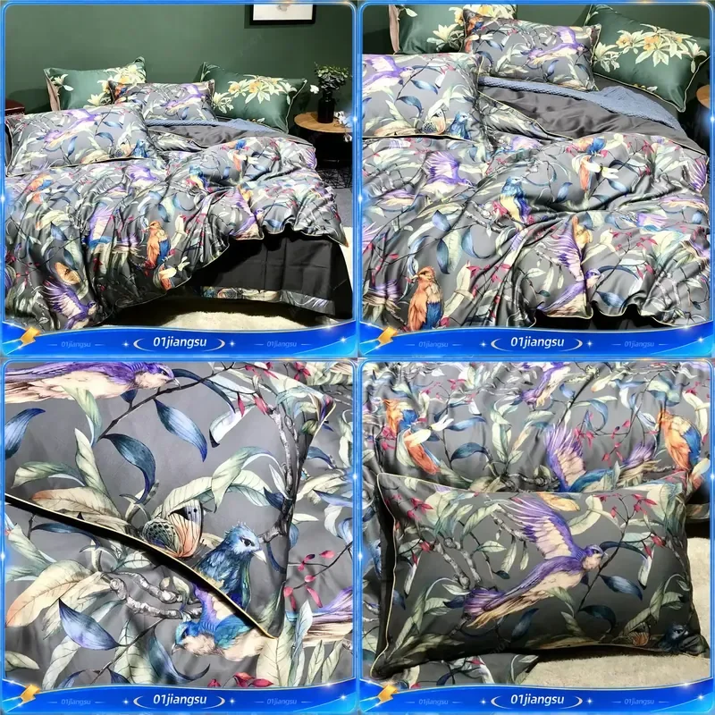 Egyptian Cotton Bedding Set 600TC Digital Print Flower Bird Duvet Cover Luxury Bed Sheets Pillowcase 4Pcs Home Textile