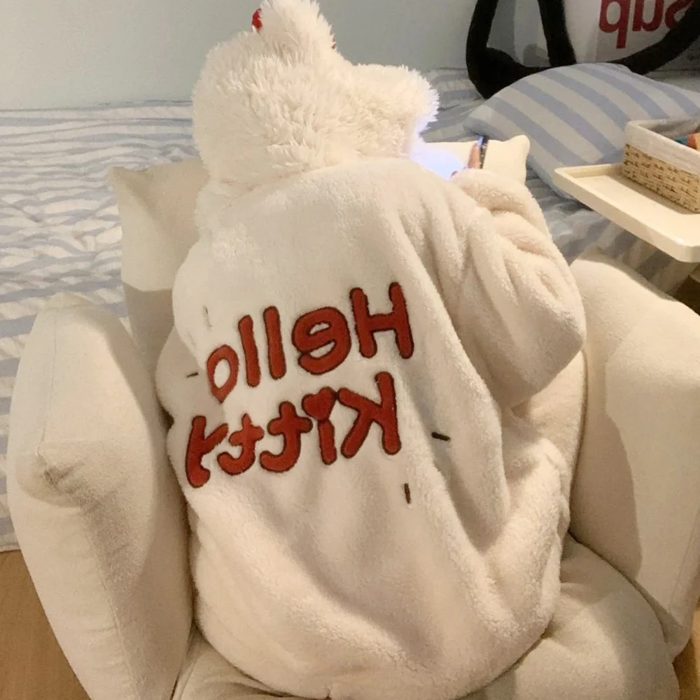 

Kawaii Cartoon Winter Kt Plush Cardigan Homewear Anime Hello Kitty Women Pajamas Suit Women Flannel Girls Student Warm Nightwear