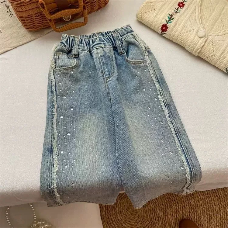 

Girls Denim Jeans Spring Wide Leg Pantsnew style children's loose straight leg pants Korean version girls' Sparkling Rhinestone