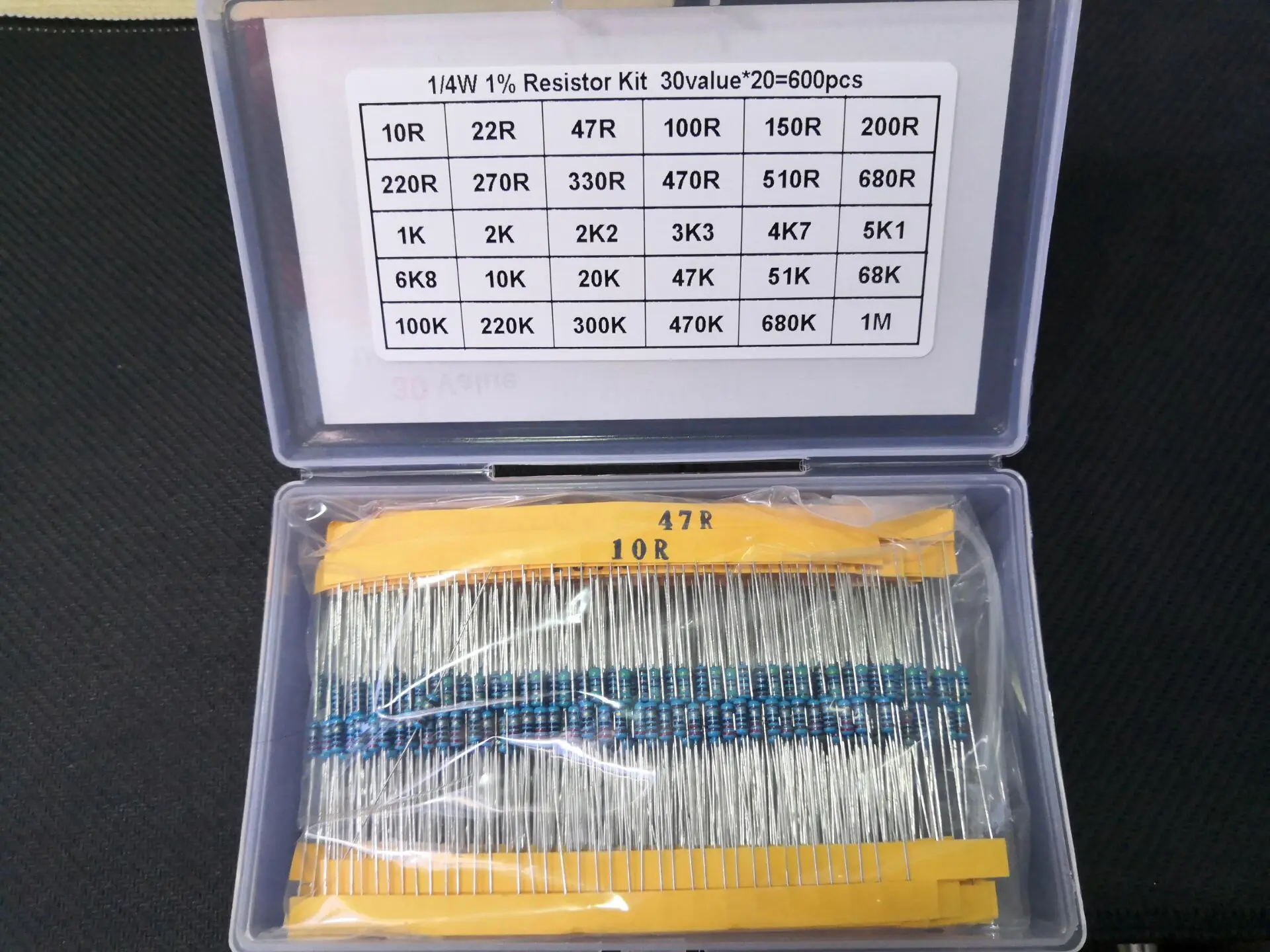 kit-de-resistores-de-filme-metalico-1-4w-1-30-valores-20pc-600pc-conjunto-sortido-em-caixa-470r-510r-680r-1k-22k-33k-47k-51k-68k-20k-47k-10k-1m