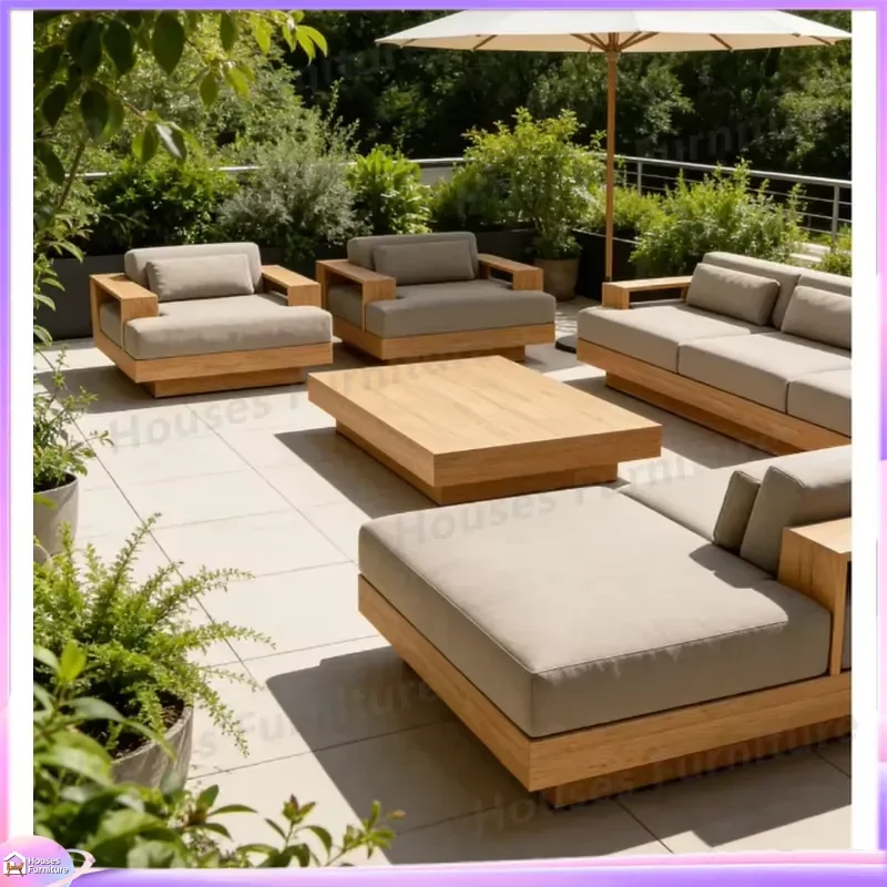 Luxury Teak Outdoor Furniture Set Modern Waterproof Garden Sofa Villa Patio Wooden Couch Sectional Seating Group for Yard