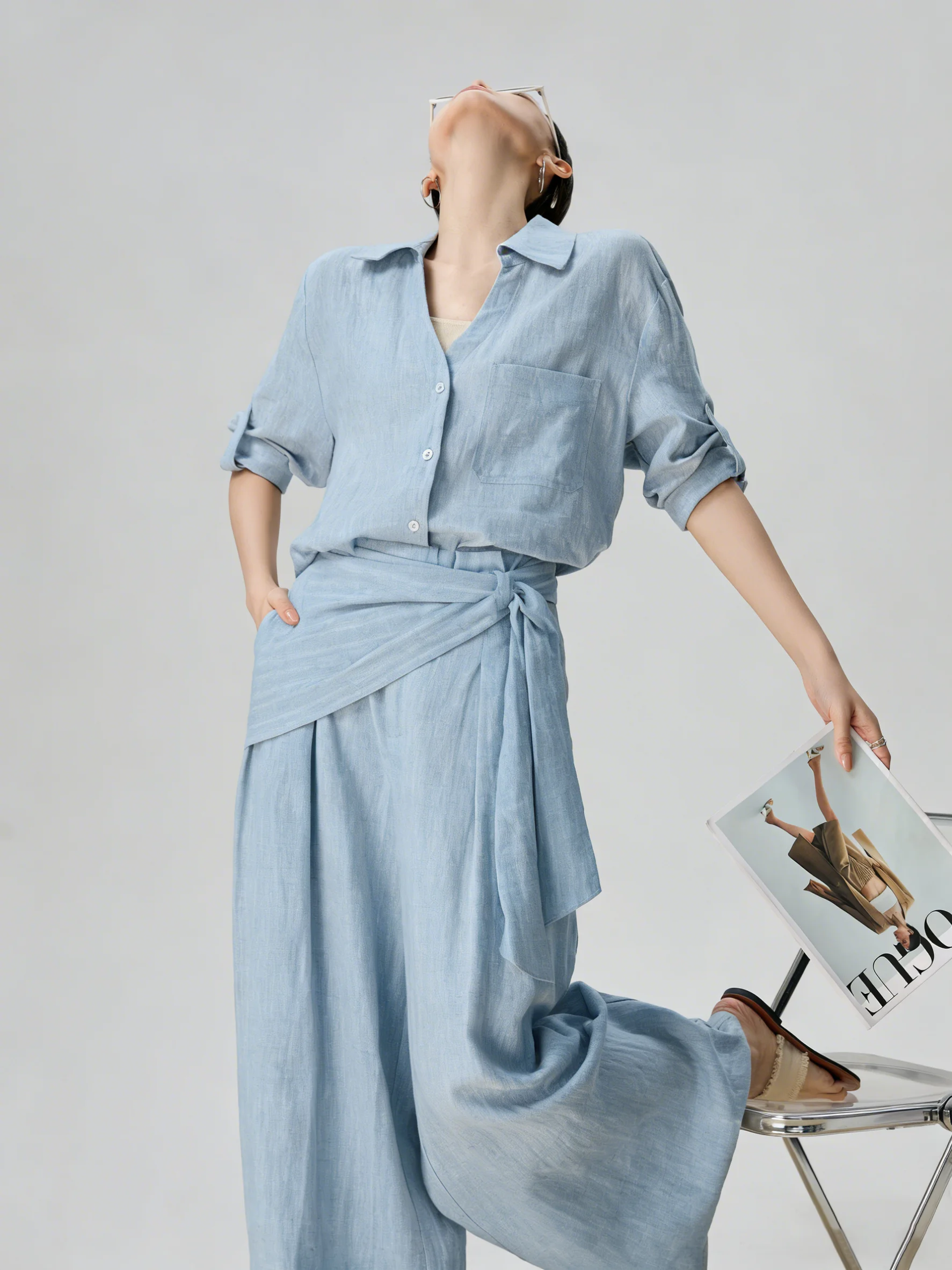 

Blue Linen Long Sleeve Shirt And Pants Set Casual Wear Women's Fashion Ensemble High Waist Trousers Button up Loose Fit Style