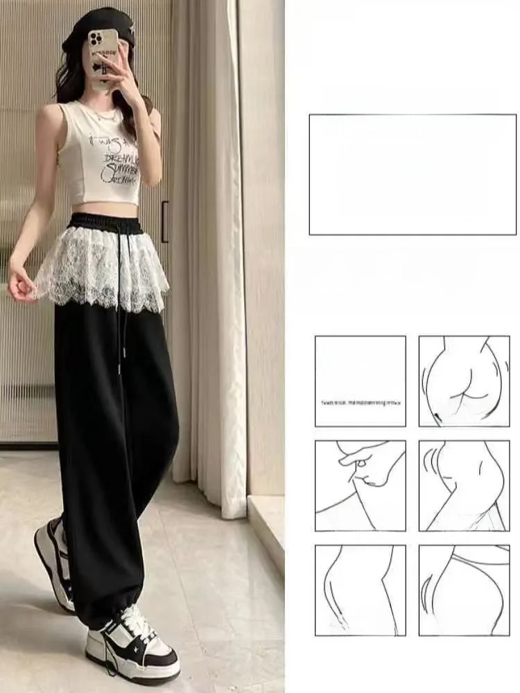 

High Waist Wide Leg Pants Women's New Sle 2026 Lace Patchwork Dstring Straight Casual Slimming INS Korean Sle Commute