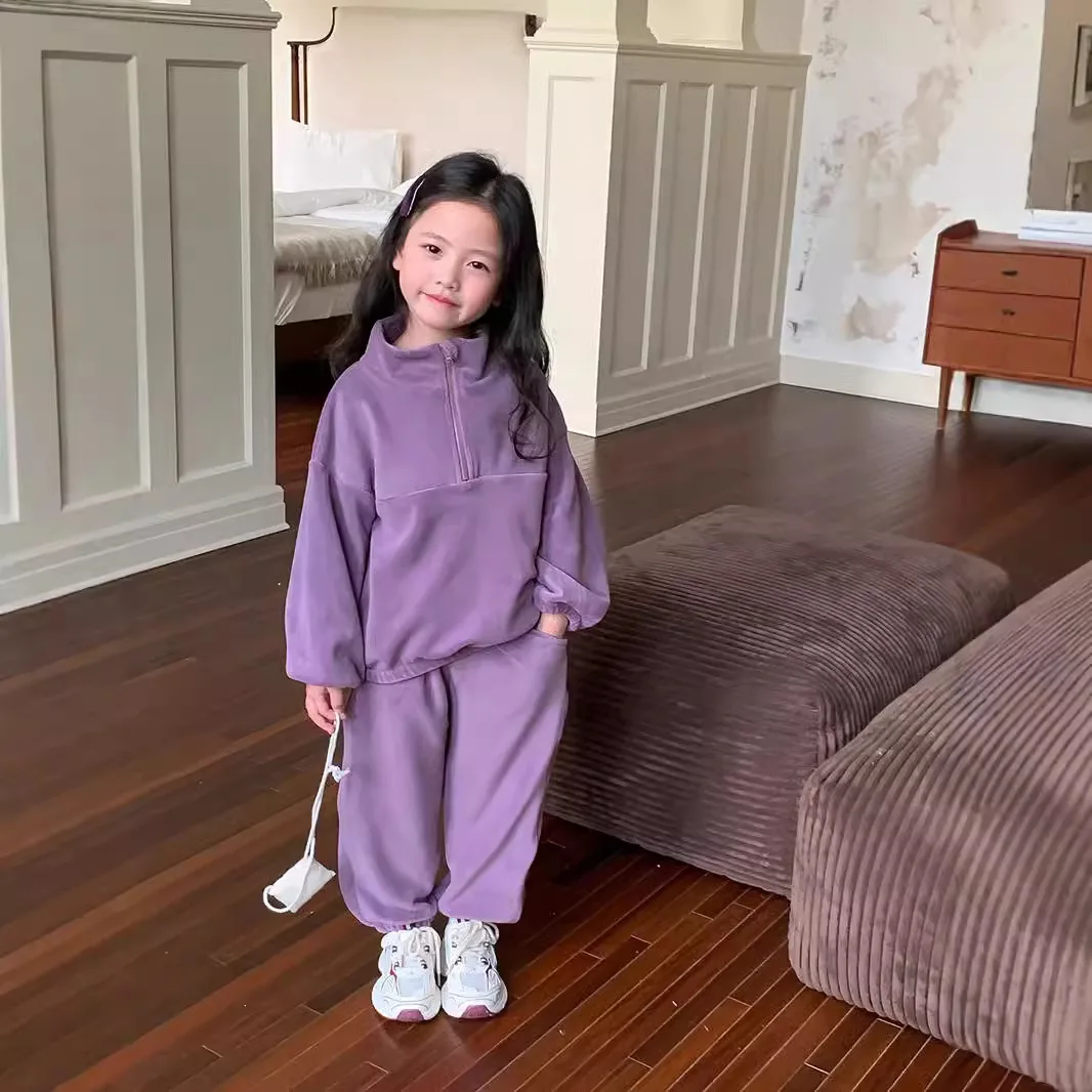 Autumn Toddler Girl Two-piece Clothes Set Cotton Solid Fleece Infant Baby Girl Sweatshirt Loose Velvet Sports Pant Kid Girl Suit