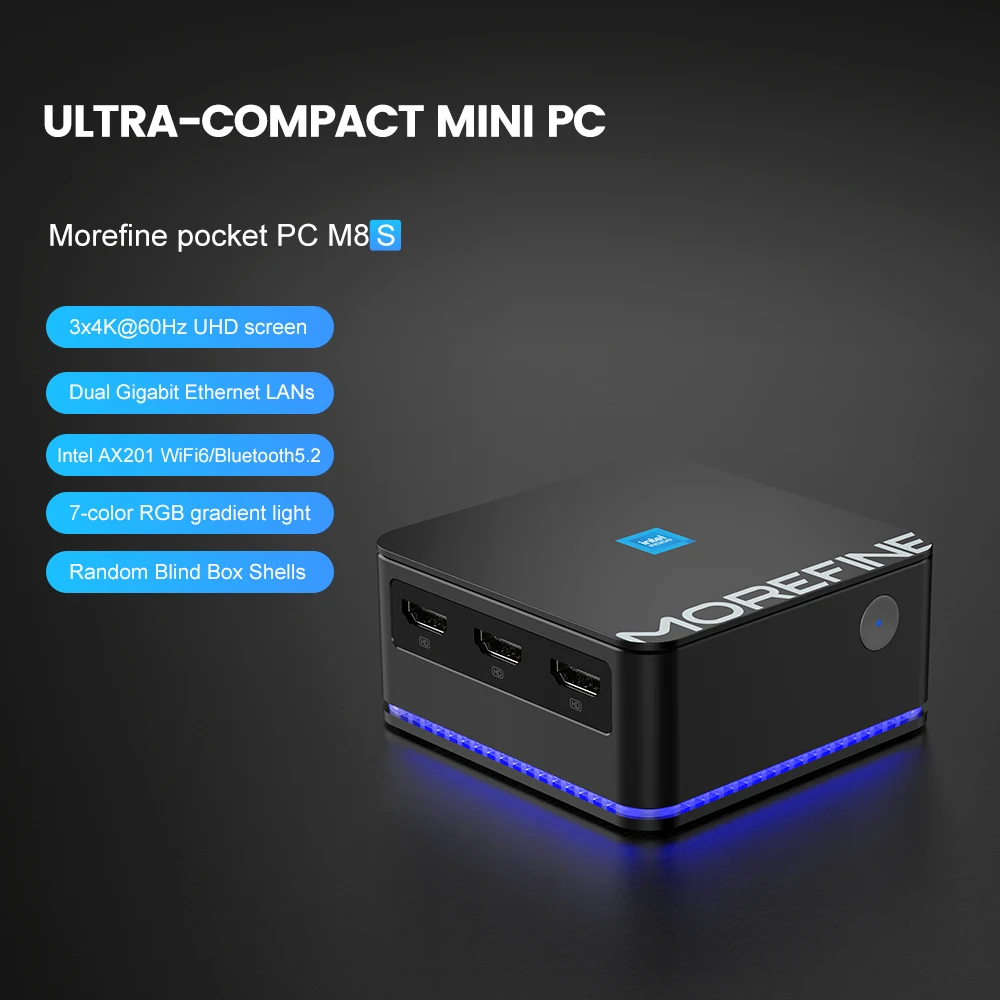 Morefine M8S komputer PC Mini, Windows 11 Intel 12 Gen N100 12GB LPDDR5 4800MHz saku kompak LAN ganda 3x4K @ 60Hz WiFi6