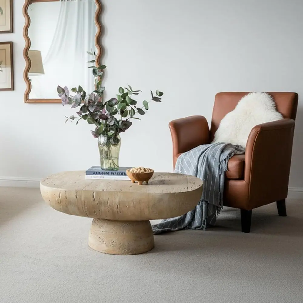 36 Cream Travertine Concrete Oval Coffee Table - Indoor/Outdoor, No Assembly Required