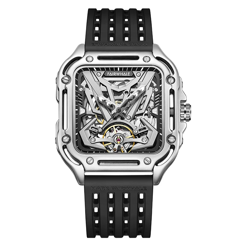 

Mark Fairwhale Men Automatic Watch 42mm Square Fashion Mechanical Wristwatch 30M Waterproof Luminous Skeleton Rubber Strap