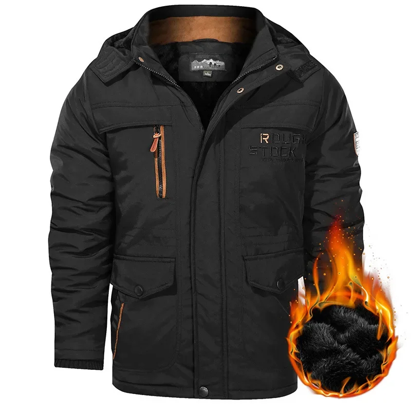 

Men Winter Hooded Parkas Casual Down Jackets Multiple pockets Fleece Warm Tooling Jackets Quality Male Outdoors Winter Coats 5XL
