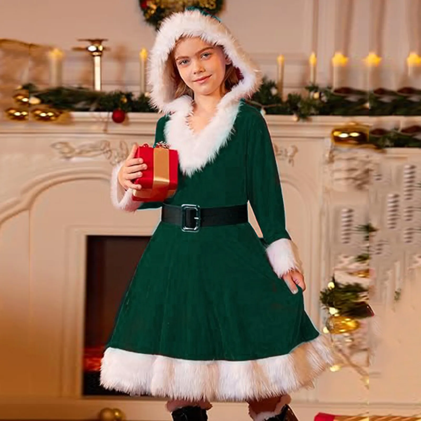 Christmas Children Clothes Girl Dress Cosplay Red Santa Claus Thicken Swing Hoodie Dress Costume Child Festivals Party Dresses