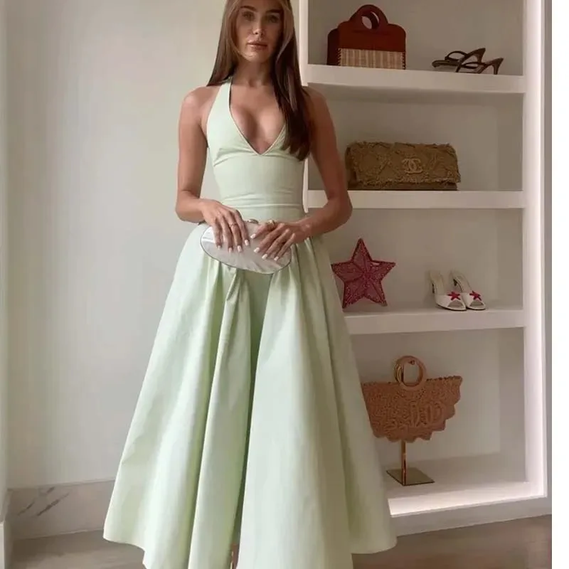 Bonny Abito sexy senza schienale verde elegante con scollo all'americana per le donne Vita bassa A-line Midi Abiti da sera estivi Abiti da sera in cotone