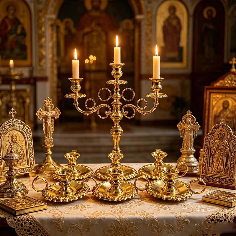 Verzierter Gold-Metall Orthodoxer Altar-Kerzenhalter Tragbarer Kerzenständer mit Griff für Kirchengottesdienste Religiöses Christliches Geschenk für Zuhause