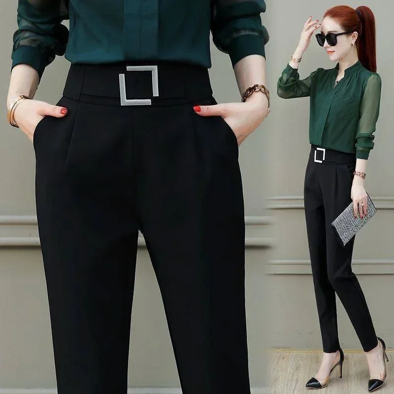 Spring and Summer Women Elastic Suit Harlan Pants Black High-waist Fashion Nine-point Suit Pants Slim Casual Pants Women