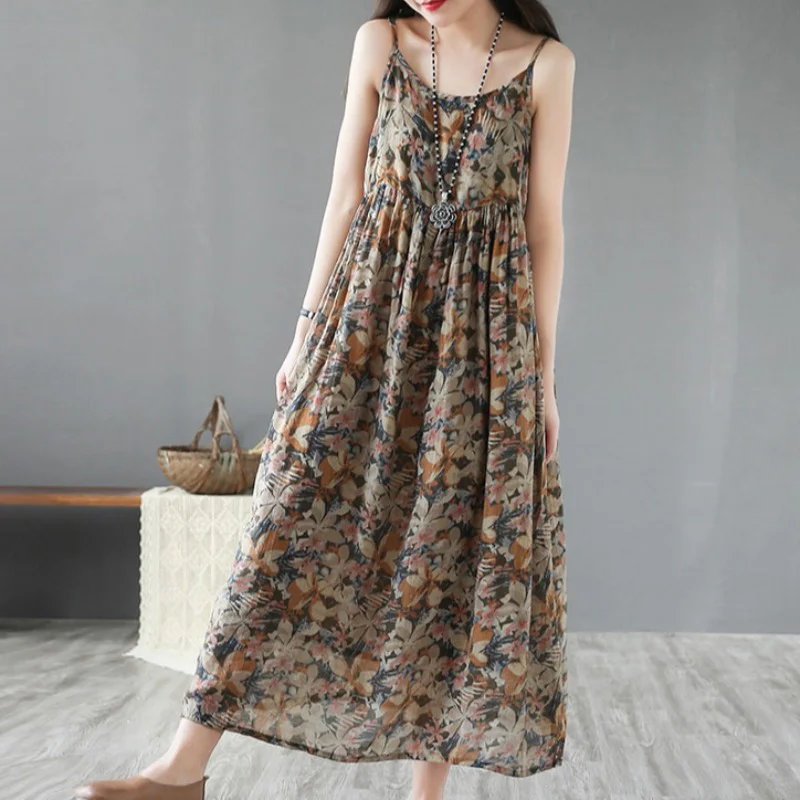 

2023 Vintage Sleeveless Vest Chiffon Dress For Women's Clothing Summer Cotton Linen Sling Printed Dress jp149