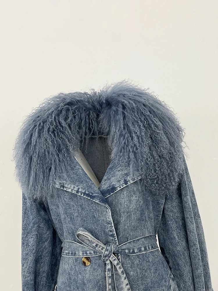 جديد 2025 معطف الشتاء الإناث النساء ريال منغوليا الأغنام الفراء الدنيم سترة كبيرة ريال الفراء طوق الملابس حزام طويل الجينز سترة