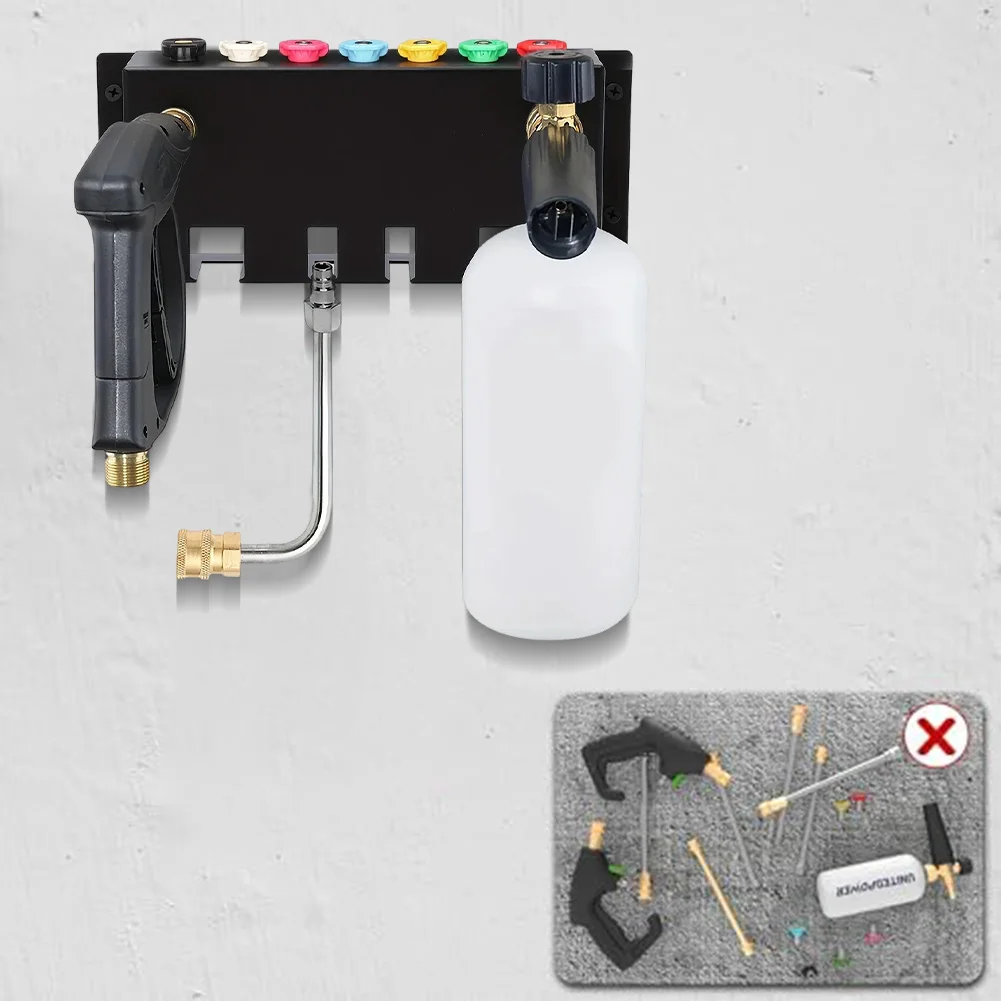 Wall Based Storage Rack for Pressure Washer Gear Including Foam Dispensers Spray Wands and Threaded Nozzle Adapters