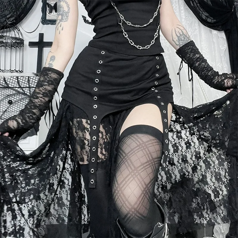 Gothic Diablo Grunge Irregular Lace Half Skirt Y2k New Trendy Peplum Skirts Women Punk Black Skirt Streetwear Vintage Clothes