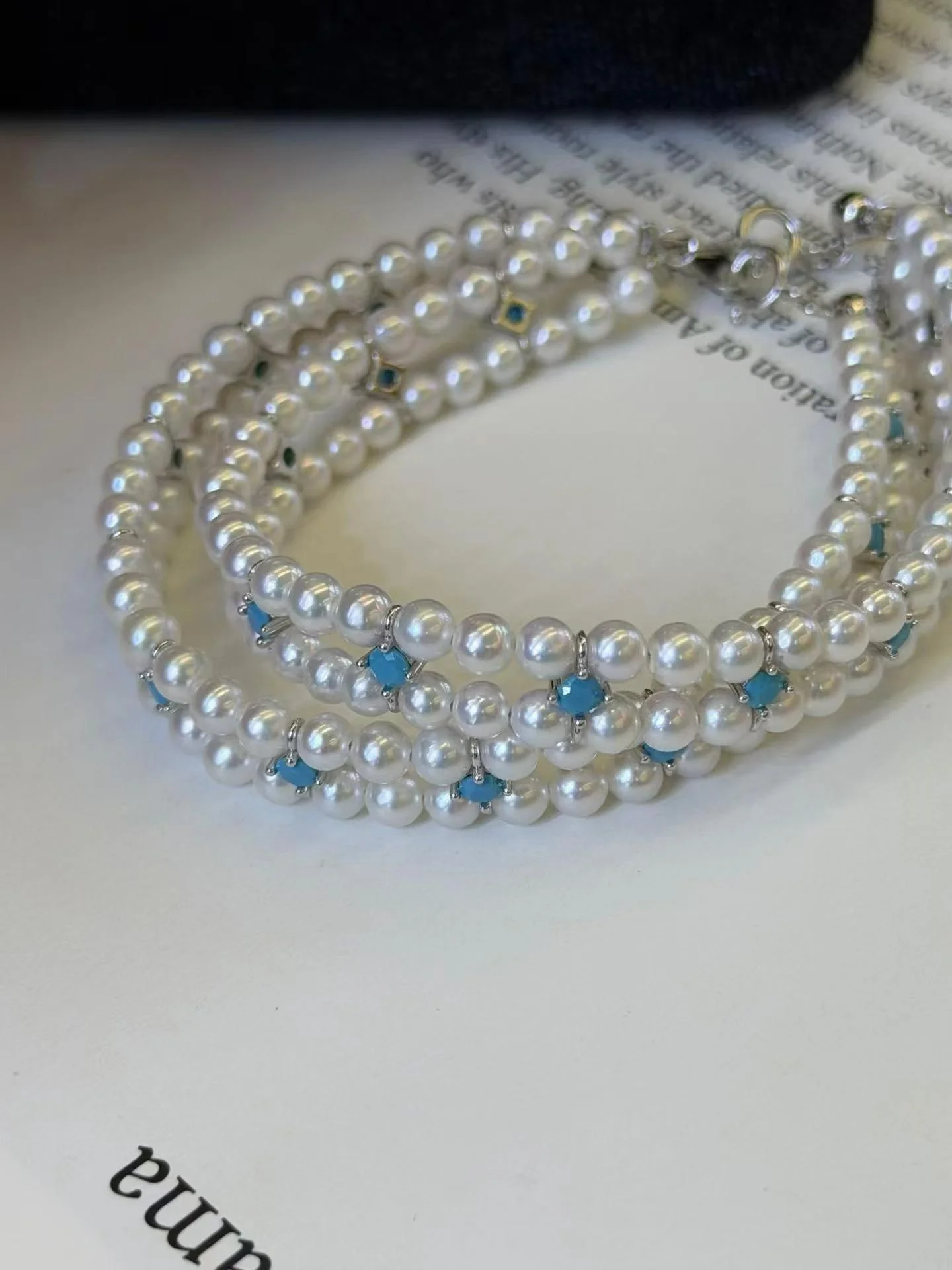 Certificate 925 Silver 3-4mm Freshwater Pearl Double‑Layer Bracelet With Lake‑Blue Turquoise Bangle Fresh Summer Dainty Jewelry