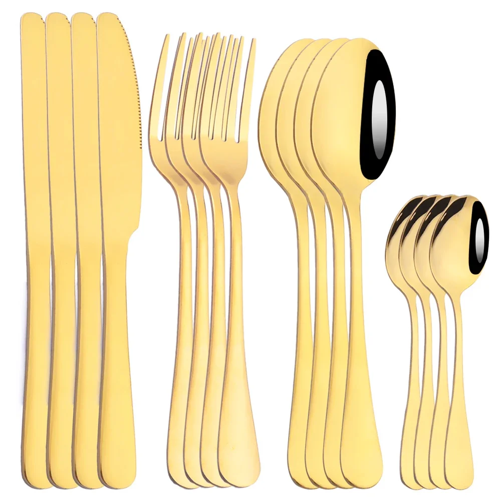 16pcs Gold Dinnerware Set Stainless Steel Steak Knife Fork Coffee Spoon Teaspoon Flatware Dishwasher Safe Kitchen Tableware Set