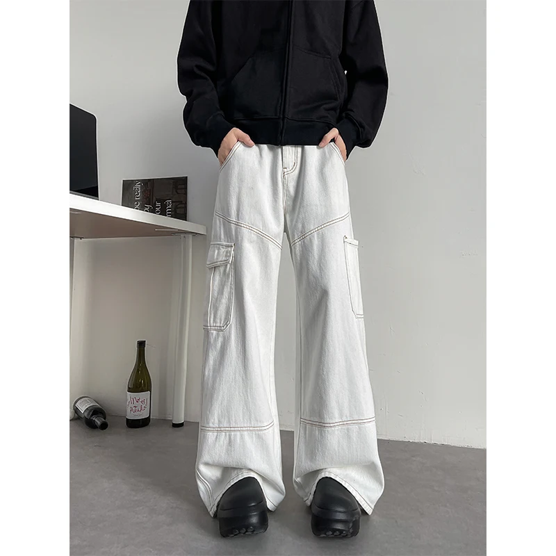 

2025 Men's Baggy Cargo Jeans with Multi-Pockets Loose Wide Leg Denim Pants Streetwear Drop Length Trousers for Hip Hop Fashion