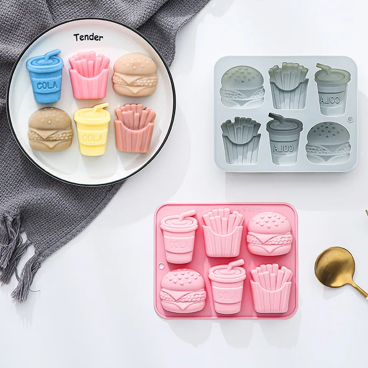 

6-hole Burger French Fries Cola Silicone Mold Fondant Candy Chocolate Mould Soap Jelly Epoxy Resin Mold Cake Decorating Tools