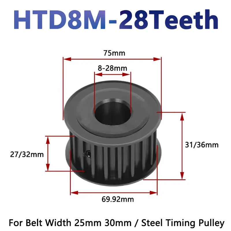 

1pcs 28 Teeth HTD 8M Steel Timing Pulley HTD8M Synchronous Wheel for Belt Width 25/30mm Bore 8/10/12/12.7-28mm Drive Pulley