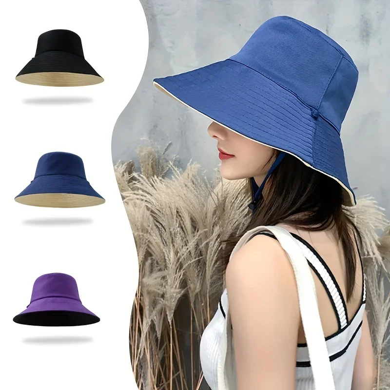 Double Sided Large Brimmed Fisherman Hat Casual Solid Color Lightweight Sunshade Hat Foldable and Detachable Windproof Rope