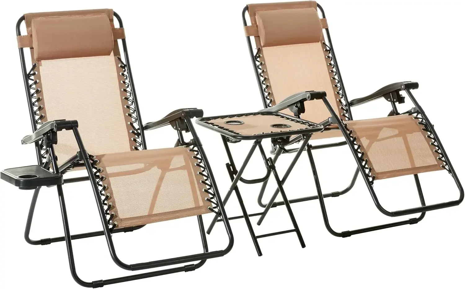 Outdoor Textilene Adjustable Zero Gravity Folding Reclining 3-Piece Lounge Chair Set with Side Table, 35 x 26 x 43 inches, Beige