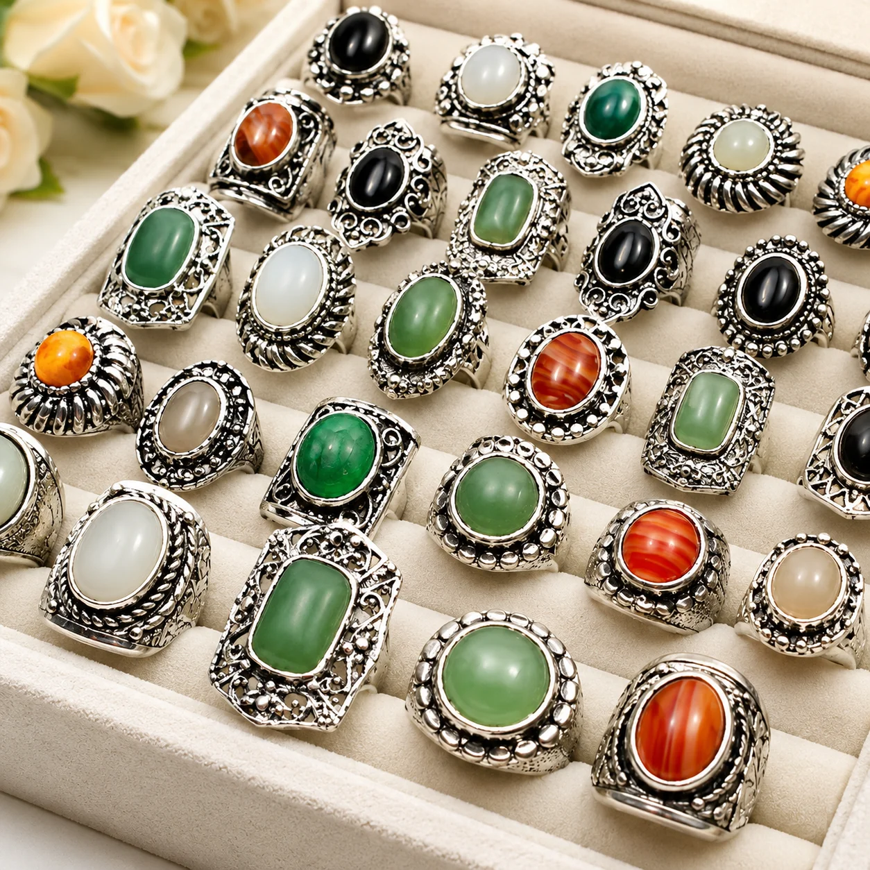 10Pcs Vintage Jewelry Retro Natural Stone Women Tibet Silver Plated Rings Lots Adjustable Size LR074